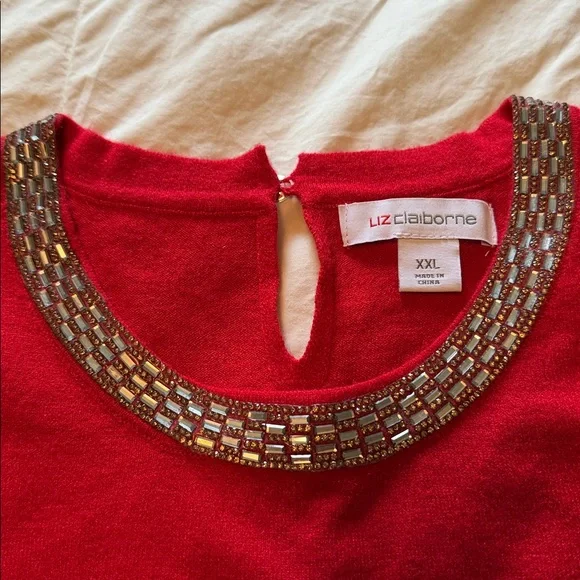 Liz Claiborne Red Sweater with Silver Beaded Collar New Size XXL - Picture 2 of 8